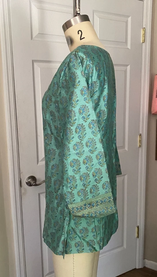 FABINDIA 100% Silk Turquoise Paisley Bohemian Kurta KAFTAN Tunic *SMALL* B110 - Image 4 of 4