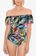 Swim Solutions Off-Shoulder Tummy-Control One-Piece, Multicolored Size 16 99