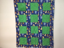 Baby Quilt Handmade Animals Hand Stitched Blocks Blue Green 29 X 36.5