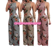 Women Floral Wide Leg Backless Print Side Zipper Chiffon Stripe Casual Jumpsuit