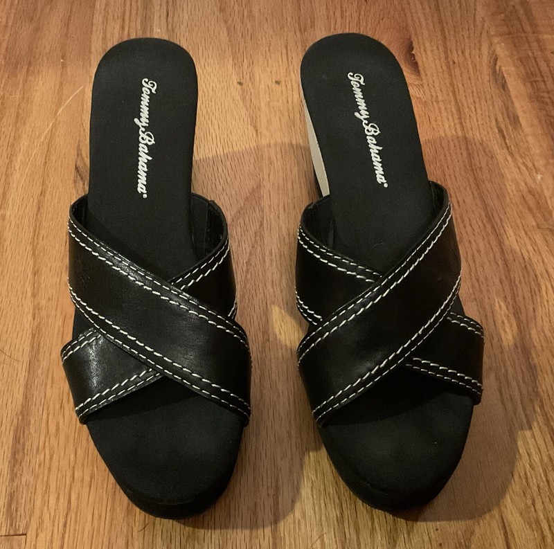 Women's Tommy Bahama Leather Wedge Sandal Mule Slip On 3.25" Heel Black White 7B