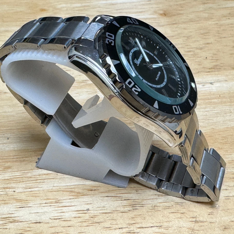 Reloj Geneva Platino Cuarzo Hombre Bisel Giratorio Plateado Negro Analógico Batería Nueva Foto 3 de 4