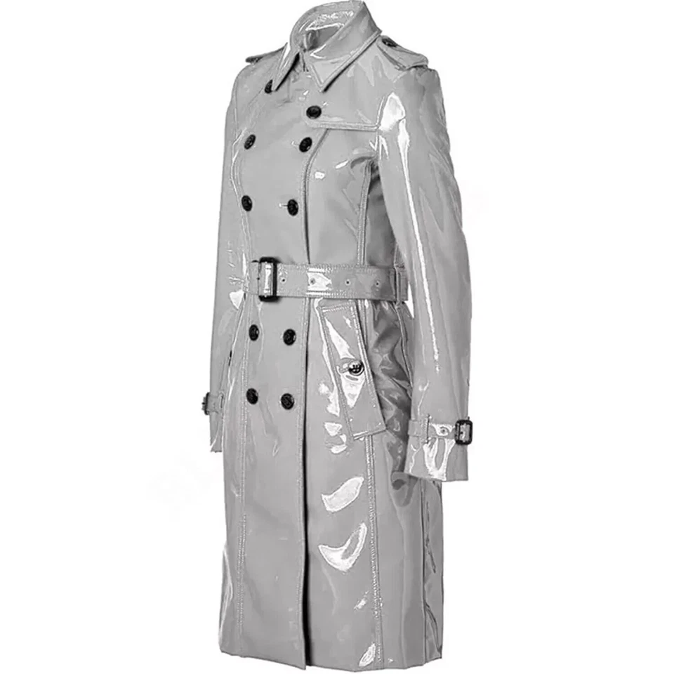 Women Trench Vinyl Shiny Gothic Coat PVC Emo Top quality White Faux Leather Coat - Image 2 of 4