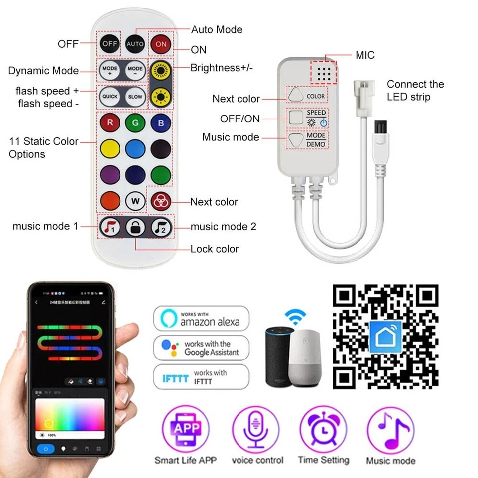 WiFi 5m 5050 LED Light Strip DC12V Addressable Dream Color RGBIC LED Controller - Image 4 of 4