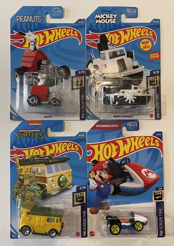 4 New HOT WHEELS: TMNT Party Wagon*Disney Steamboat*Snoopy*Standard Mario Kart