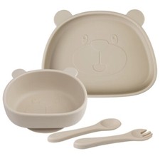 Baby B&Auml;R SILIKON BPA frei Saug FUTTER Set SCH&Uuml;SSEL TELLER L&ouml;ffel Gabel beige NEU