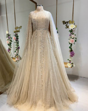 Light Champagne Muslim Wedding Dresses with Cape Beaded A Line Bridal Gowns