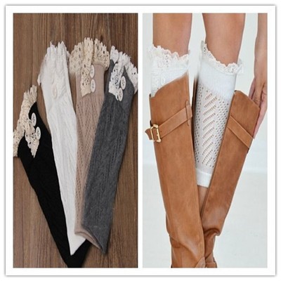 Womens Boot Cuffs Knitted Lace Trim with Buttons Stretch Leg Warmer Socks New