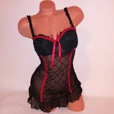 Native Intimates Babydoll Teddy 34C Medium Black Red Lace Sheer Underwire New