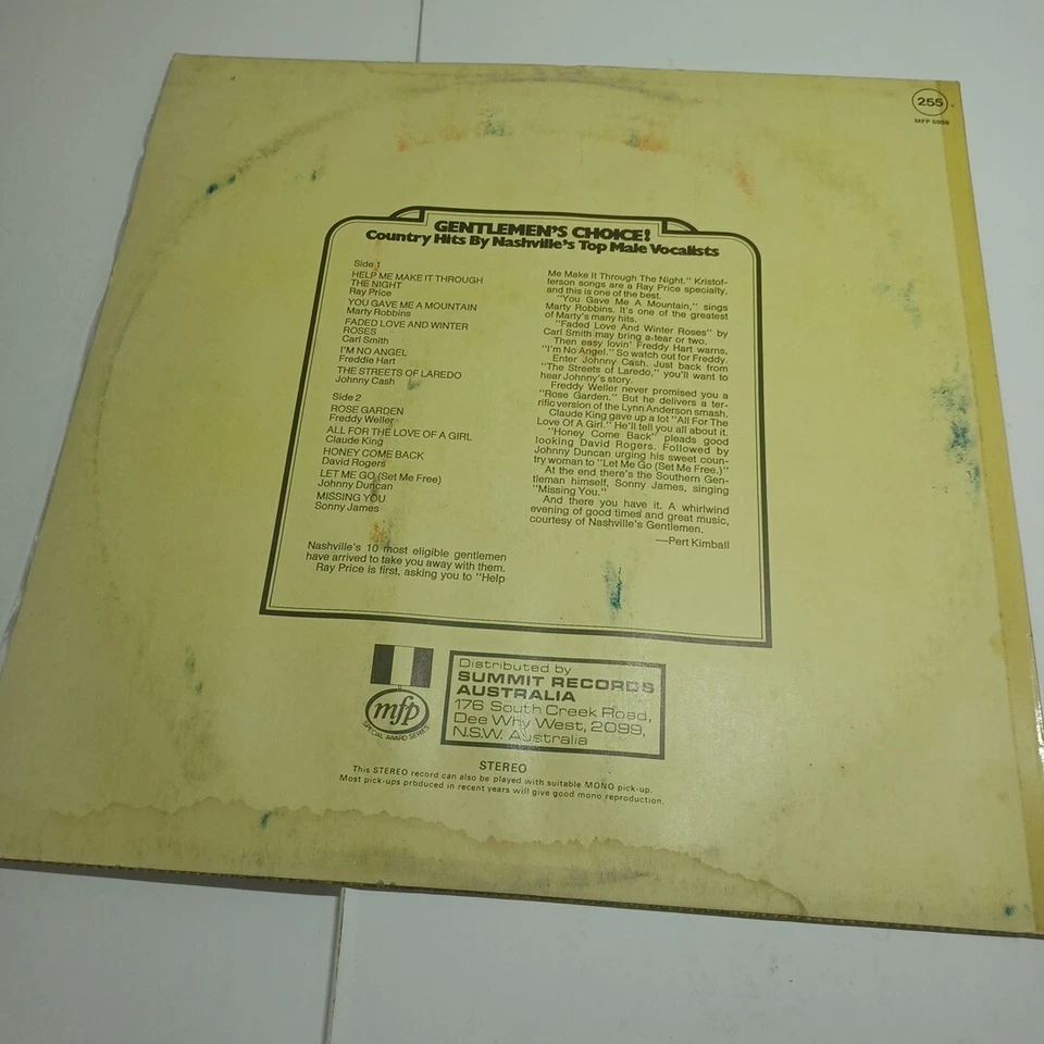 GENTLEMENS CHOICE COUNTRY HITS BY NASHVILLE'S TOP MALE VOCALISTS LP RECORD  - Image 4 of 4