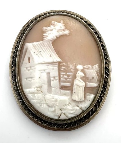 Victorian Scenic Shell Cameo Gilt Silver Brooch Pin