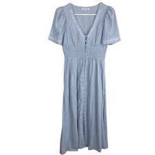 Reformation Kamryn Embroidered Floral Smocked Button Front Midi Dress Blue Sz 2