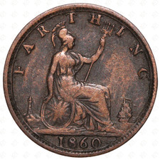 1860 Great Britain Victoria Farthing Coin – Dies 3+B – Toothed Border – Bronze