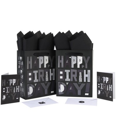 wishinside 2-Pack 10.6  Medium Black Happy Birthday Gift Bag Set with Gree