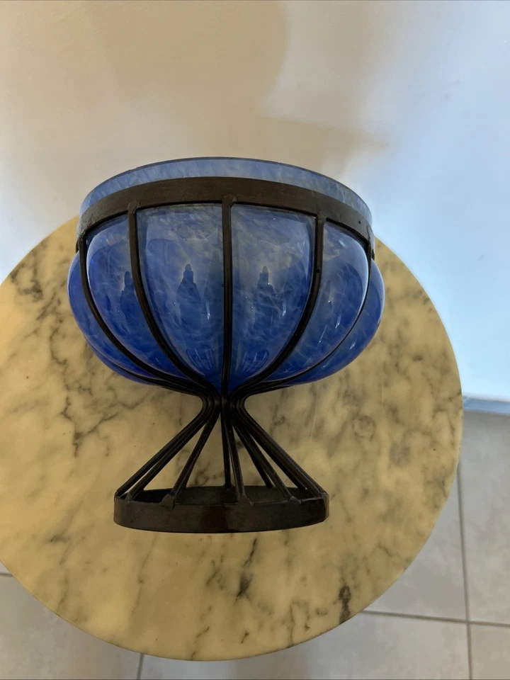 Vase art déco verre Montée Sur Fer Forgé Ancien Couleur Vase Un Bleu Magnifique - Photo 4/4