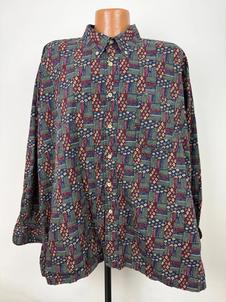 Camisa Geométrica Vintage Años 90 Hombres 3XL GRANDE Abotonada Borgoña Verde Azul Marino Algodón Foto 2 de 4