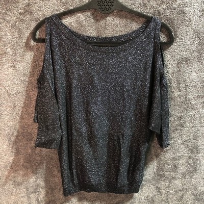 Express Cold Shoulder Shimmer Knit Top Womens XS Black Metallic Party