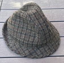 Harris Tweed Fedora Hat Mens SZ 7 Large Brown Green Plaid Wool Trilby Made UK