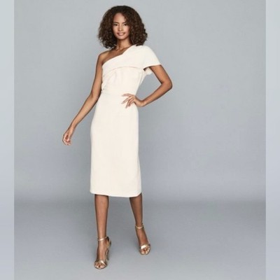 NEW REISS Riana One-Shoulder Pencil Midi Dress in Pale Pink, Women's Size 0 $325