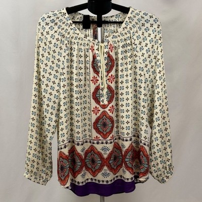 Ruff Hewn Boho Peasant Blouse XL Floral Border Print Tie Neck Festival
