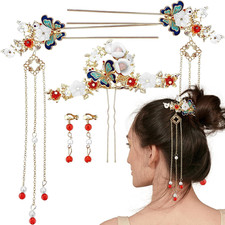 5 Pcs Butterfly Chinese Tassel Hair Stick Peony Flower Crystal Pearl Hanfu Hair