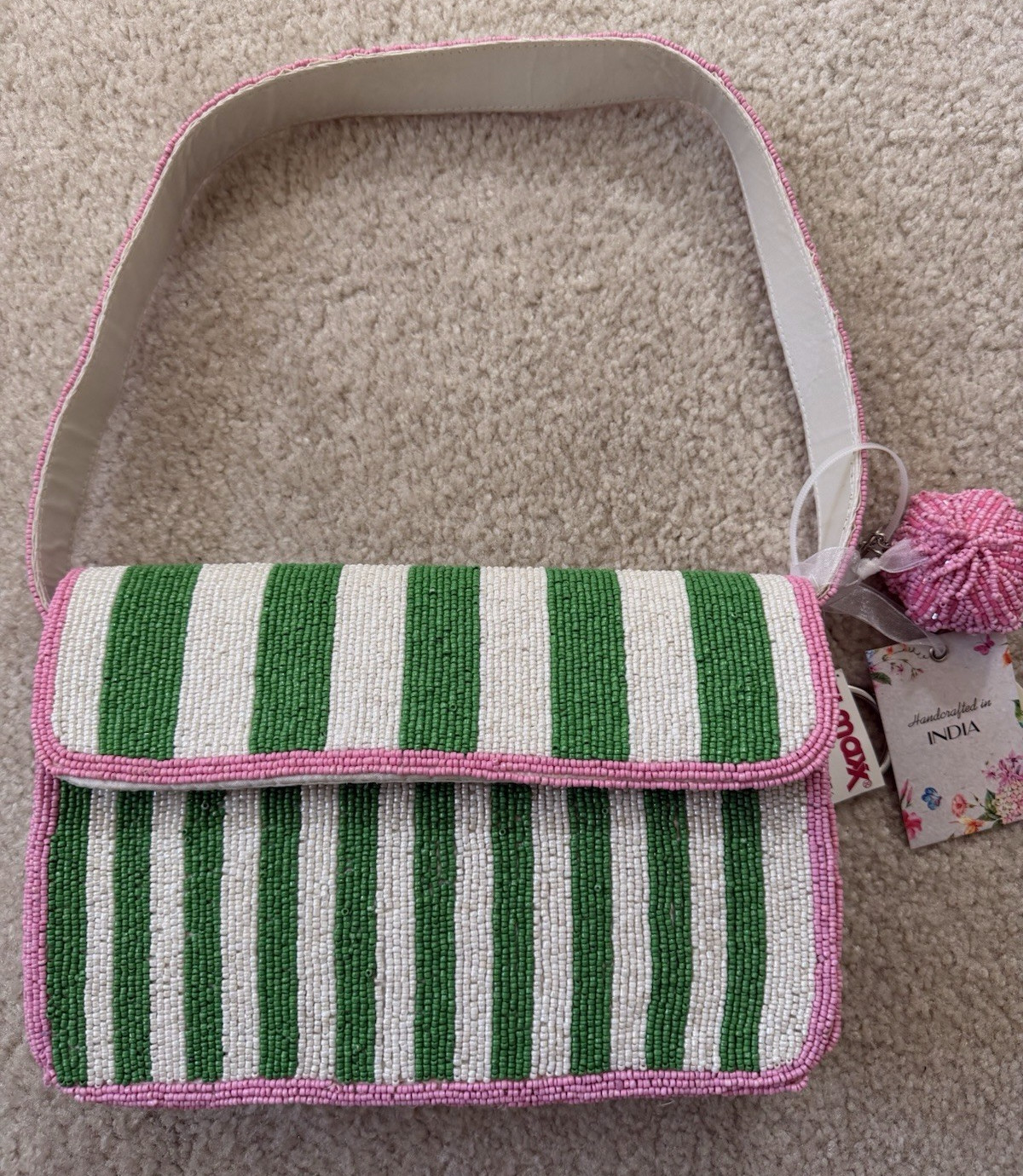 Viral Beaded Bag Colorful Green/White Stripe/with Pink= Handcrafted in India-NWT