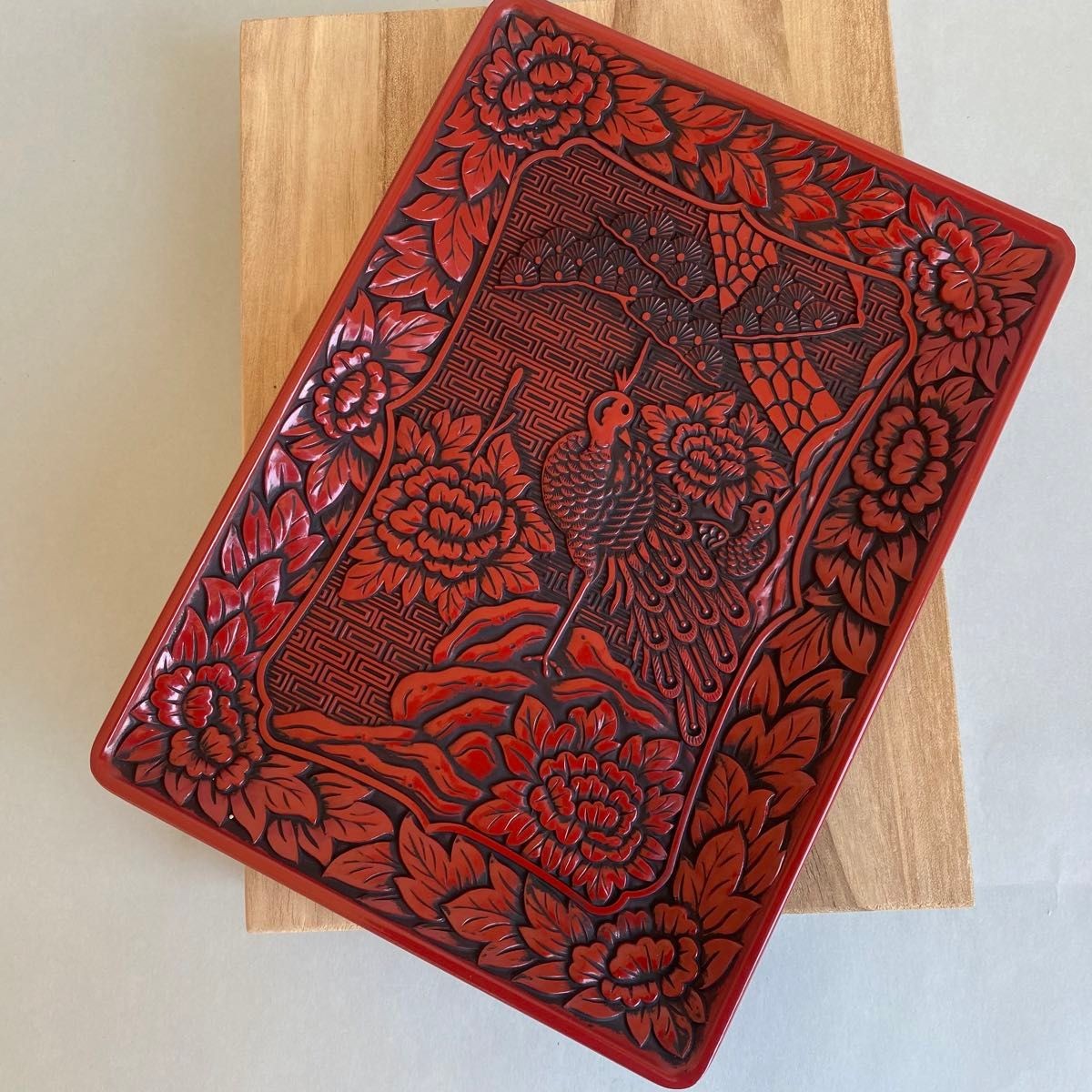 Vintage Japanese Tsuishu Lacquerware Mini Tray Carved Flower Bird 8.8