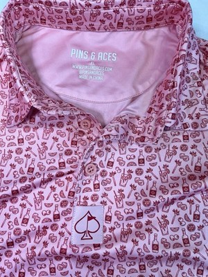 Pins & Aces Golf Polo Mens XL Pink/Peach Cocktail Print Spade Logo Performance