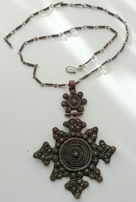 Antique Vtg African Morrocan Berber Brass Taureg On Chain Unique Necklace