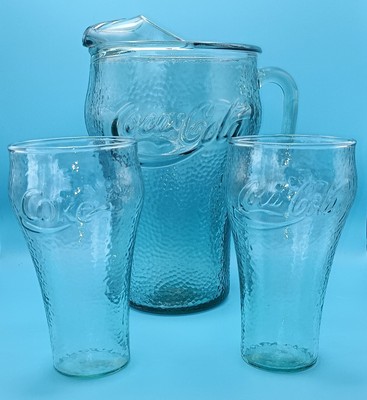 Green Pebbled Glass Coca-Cola / Coke  Pitcher 64 Oz + 2 Glasses