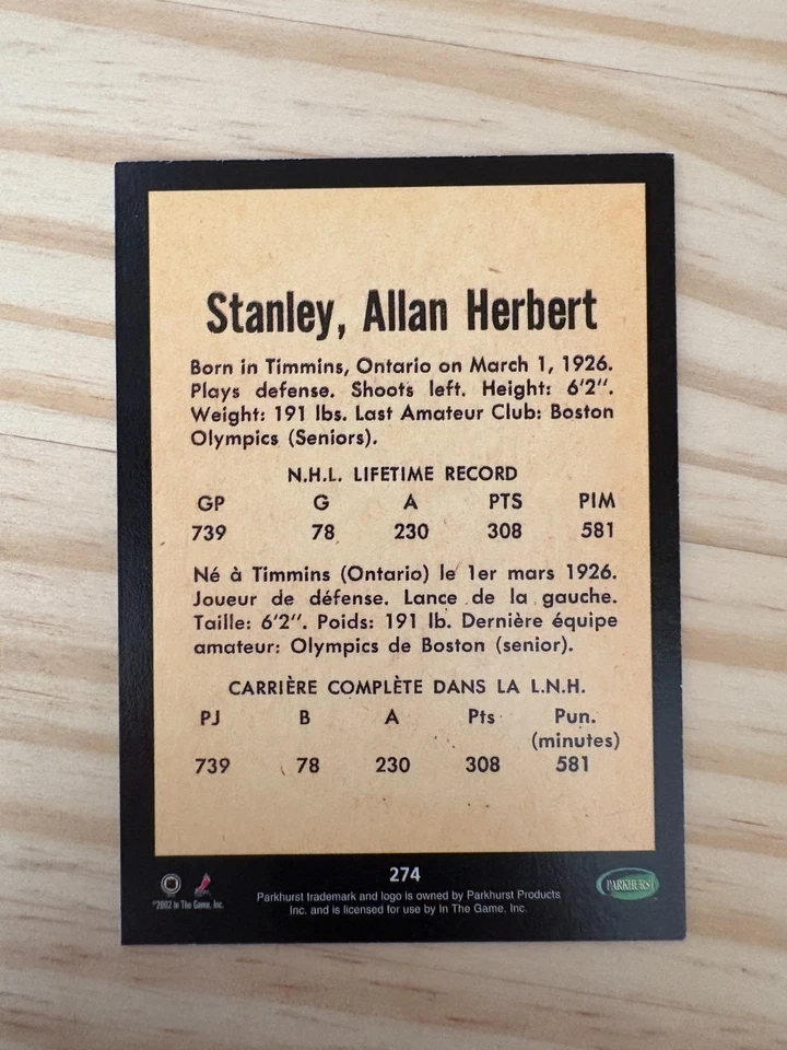 2002-03 Parkhurst Reprints #274 Allan Stanley - Toronto Maple Leafs - Image 2 of 2