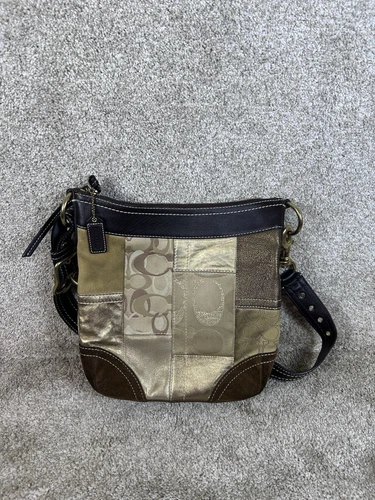 Borsa Coach tracolla tracolla patchwork marrone beige oro pelle e camoscio F10387
