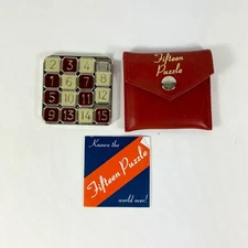 Vintage Fifteen 15 Slide Puzzle in Travel Pocket Pouch Case Metal & Enamel