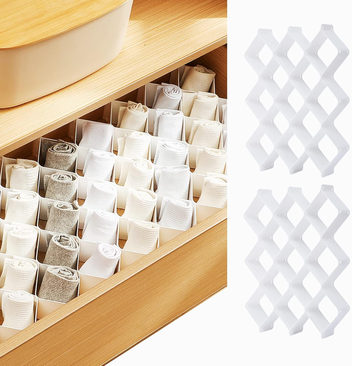 12-Piece Honeycomb Sock and Underwear Organizer for Dresser - White