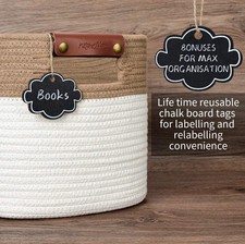 Set of 2 Cotton Rope Storage Baskets w/ Leather Handles  Chalk Tags