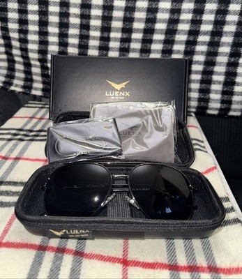 LUENX On My Way Avaitor Sunglasses Black 1503 17-135 with Case, Cloth, and Box
