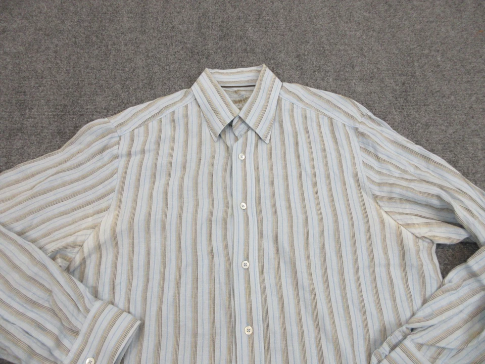 Indigo Palms Shirt Mens Adult Large Blue Brown Stripes Button Up Casual Linen - Image 2 of 4