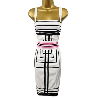 UK 12 Karen Millen Vintage White Cotton Tapework Stripe Summer Pencil Dress