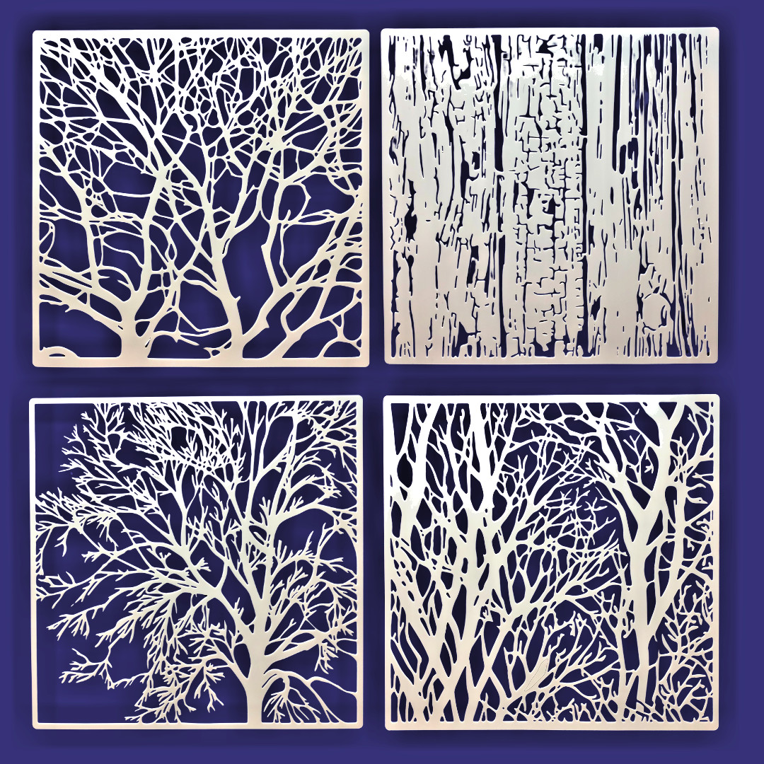 Set of 4 Tree & Wood Stencils, 20x20cm - Reusable, Easy-Clean for Arts projects