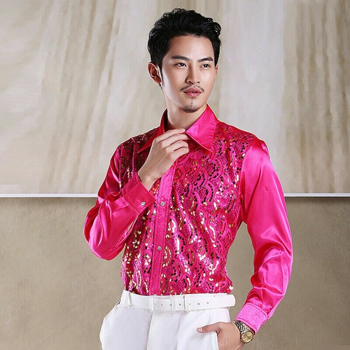 Men's Shiny Silk Feel Sequin Shirt Blouse Top Stage Party Wet Look Long Sleeve - Picture 14 of 15