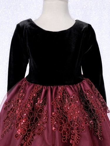 Black Velvet Long Sleeve Embroidery Mesh Flower Girl Dress Wedding Christmas 2 4 - Picture 36 of 42