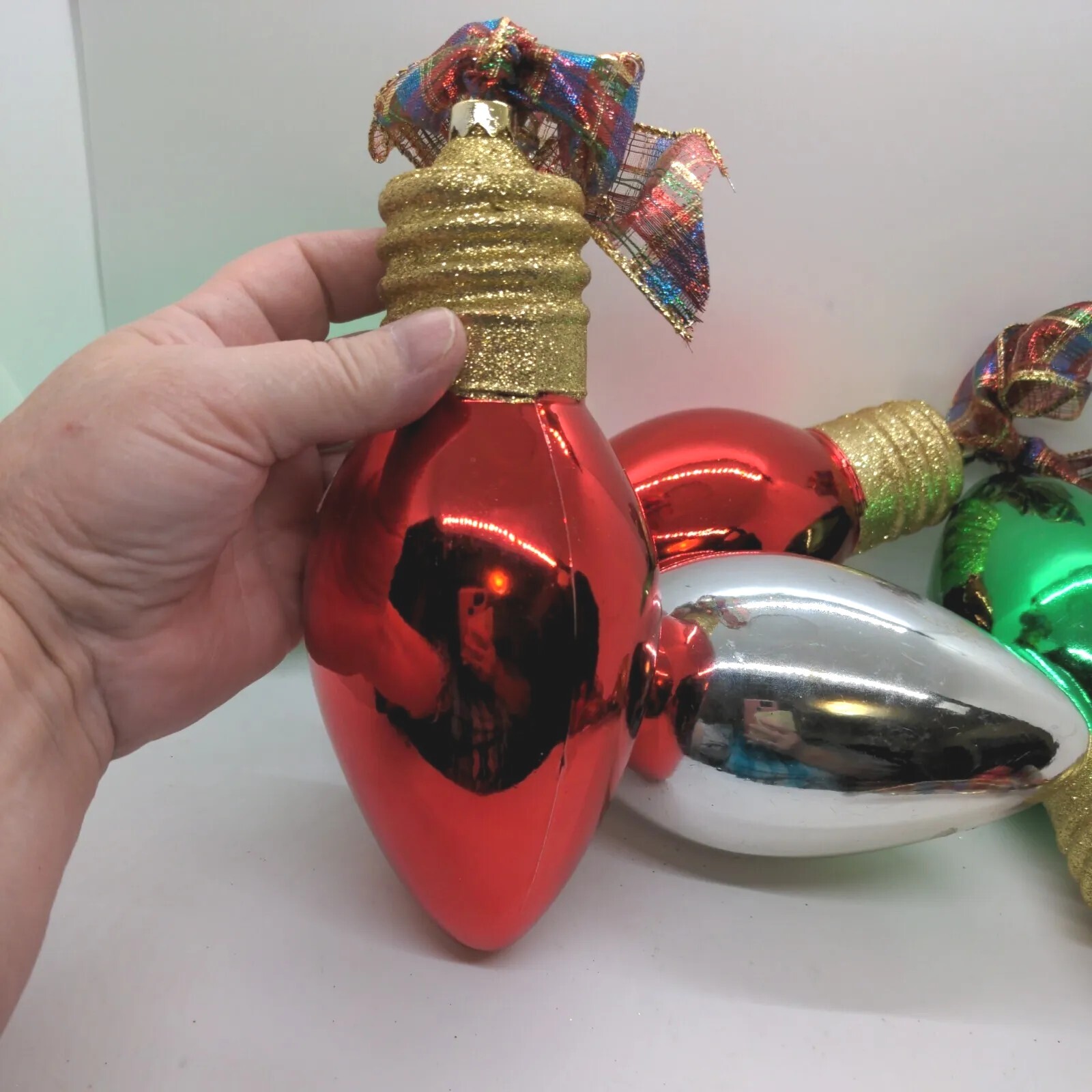 Giant Plastic Christmas Light Bulb Ornaments Lot of 5 Red Green Silver