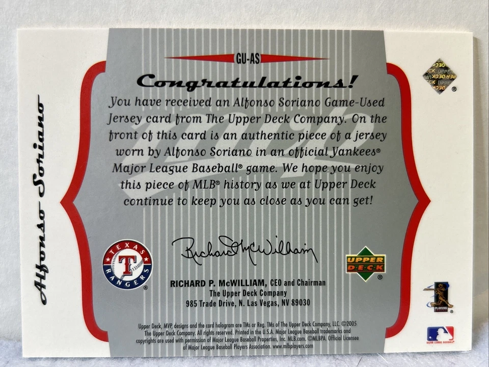 Alfonso Soriano 2005 Upper Deck MVP Jersey Relic #GU-AS Texas Rangers NY Yankees - Image 2 of 4
