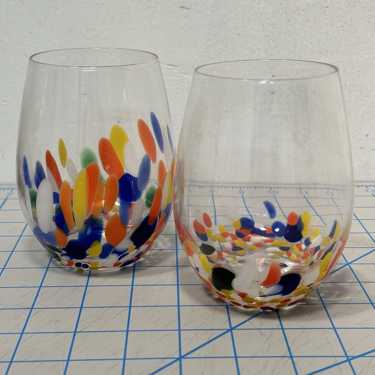 Confetti Hand Blown Stemless Wine Glass Set Of 2 Glasses Multi Color Dots  Art