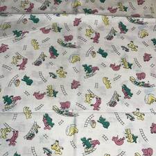 Vintage Feedsack fabric flour pink yellow green child toys bear train