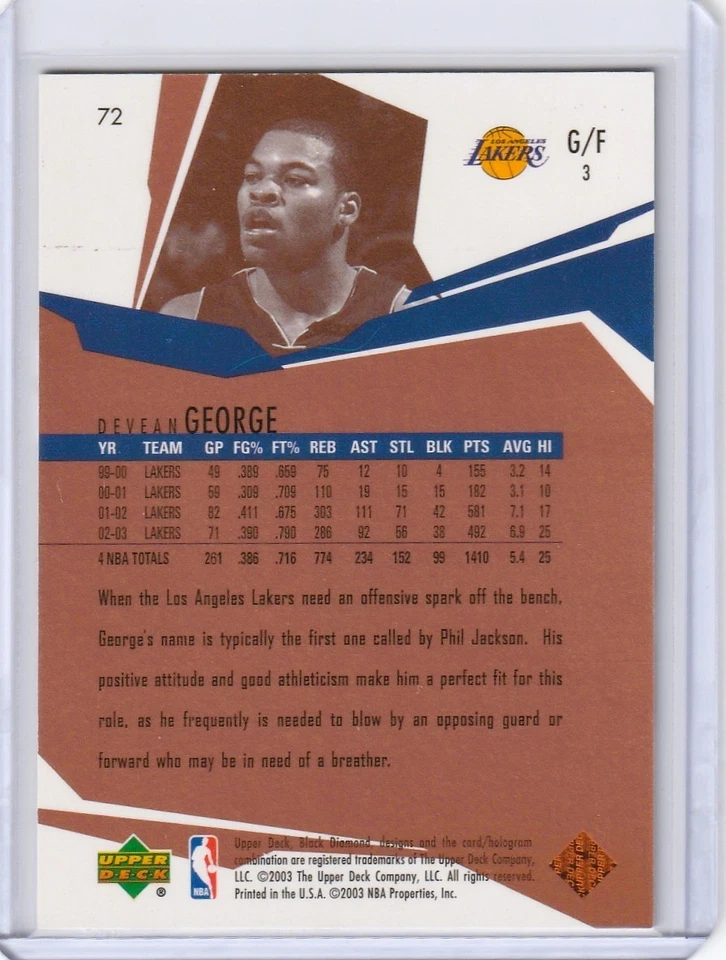 2003-04 Upper Deck Black Diamond Bronze /100 Devean George #72 - Image 2 of 2