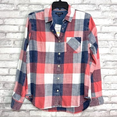 Flag & Anthem Women's Sz S Blue White Red Plaid Long Sleeve Button Up Shirt NWT