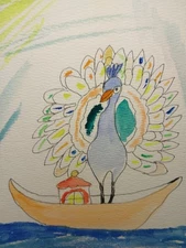 GAT ORIGINAL PAINTING Expressionism LANDSCAPE Peacock BIRD IN BOAT 8x6 ARTWORK