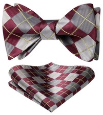 Burgundy Bow Ties for Men Check Plaid Self Tie Bow Tie and Pocket Square Clas...