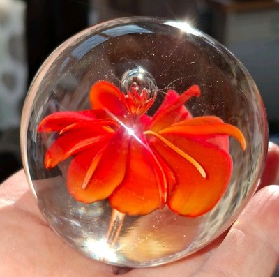 Fenton Glas Briefbeschwerer schöne orange Blume mit einer Blase Handarbeit in USA 